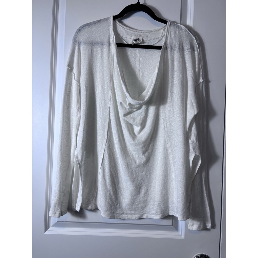 Free People We The Free Linen Cotton Blend Relaxed White Long Sleeve Top Boho S